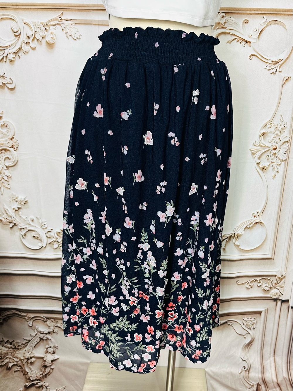 Navy Floral Smocked Waist Midi Skirt - Picture 4 of 11